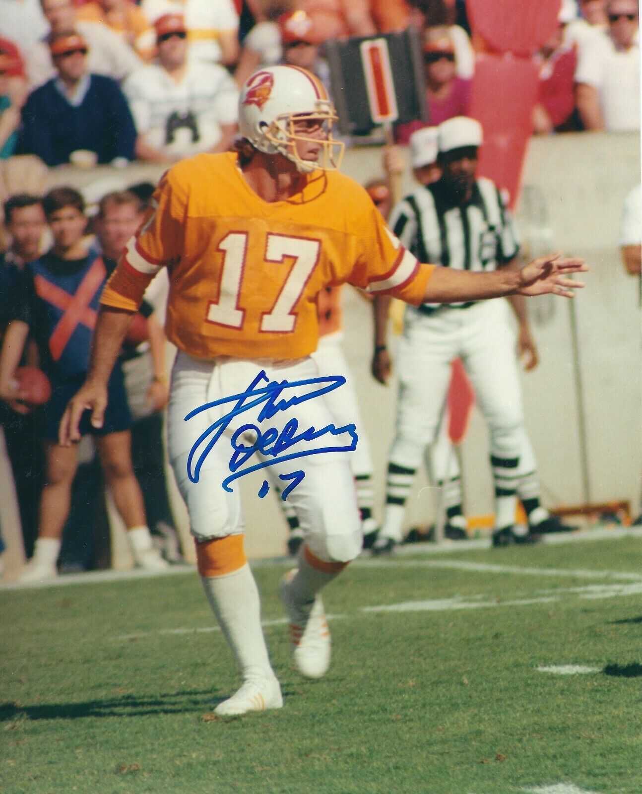 Signed 8x10 STEVE DEBERG Tampa Bay Buccaneers Autographed Photo Poster painting - w/COA