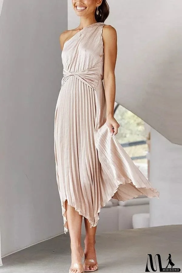 MidiSono - Satin One Shoulder Pleated Midi Dress