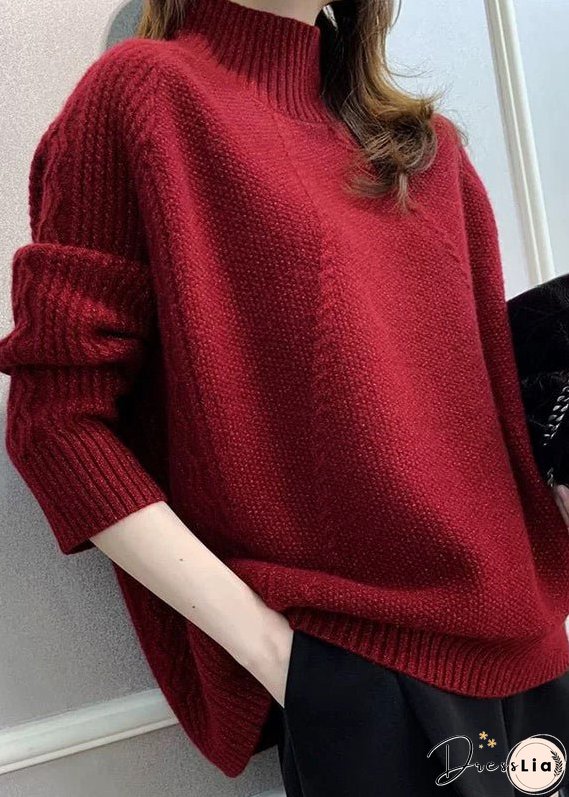 Women Red Turtleneck Cozy Cotton Knit Sweater Fall