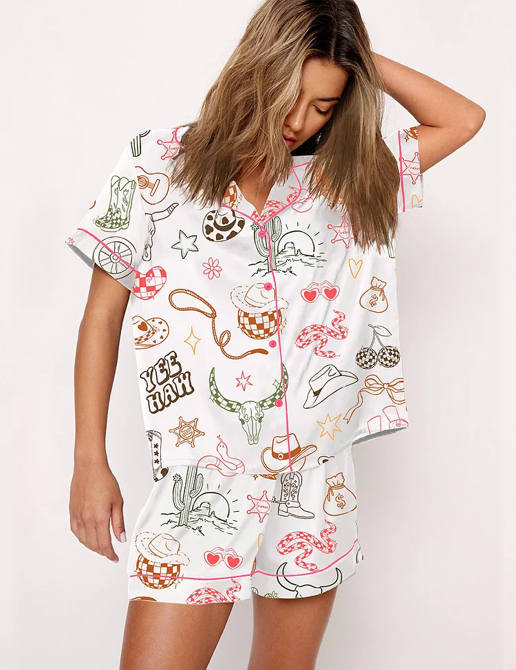 Women’s Western Cowgirl Bachelorette Hand-Drawn Wild West Disco Print  Pajama Set