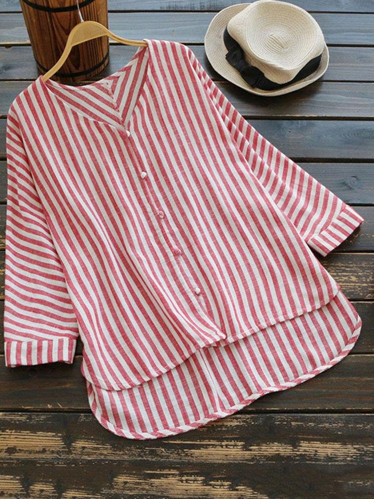 Striped V-Neck Mid-Sleeve Cotton And Linen Shirt