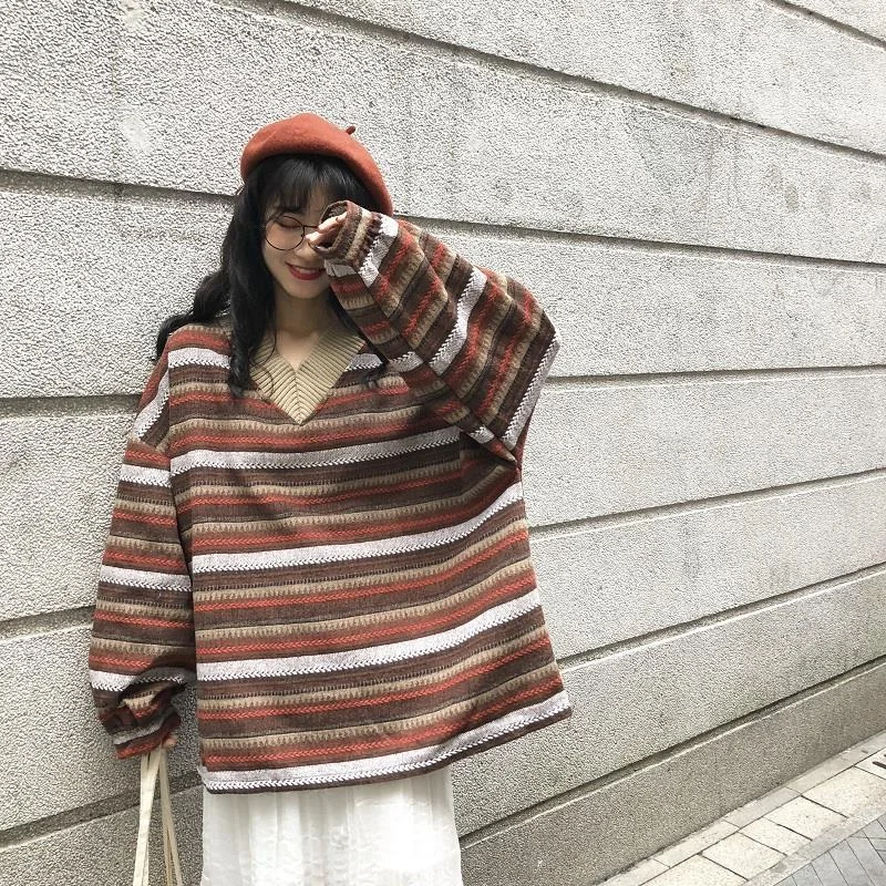 Pullovers Women Men Oversize Sweater Plus Size Warm Hip Pop Ulzzang BF Unisex Casual Striped Knit Young Girl Fashion Retro Daily
