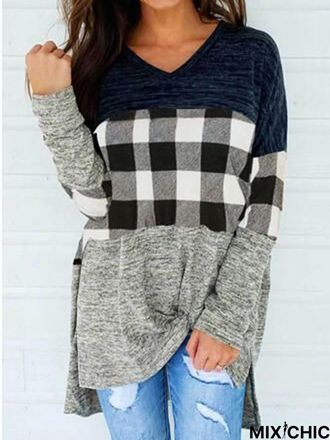 Casual Color Block Checked/Plaid Printed V Neck Loosen Top