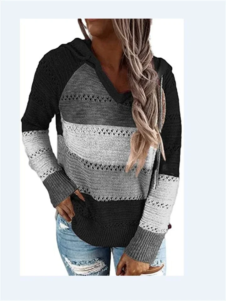 Women's Knit Tunic Thin Color Block Hooded Top