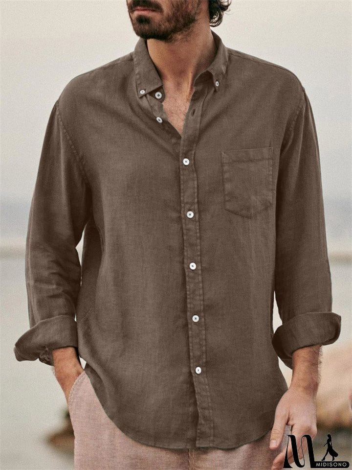 MidiSono - Men's Casual Plain Lapel Button Down Roll Up Sleeve Shirts