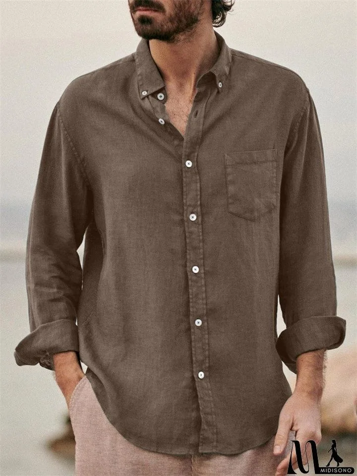 MidiSono - Men's Casual Plain Lapel Button Down Roll Up Sleeve Shirts