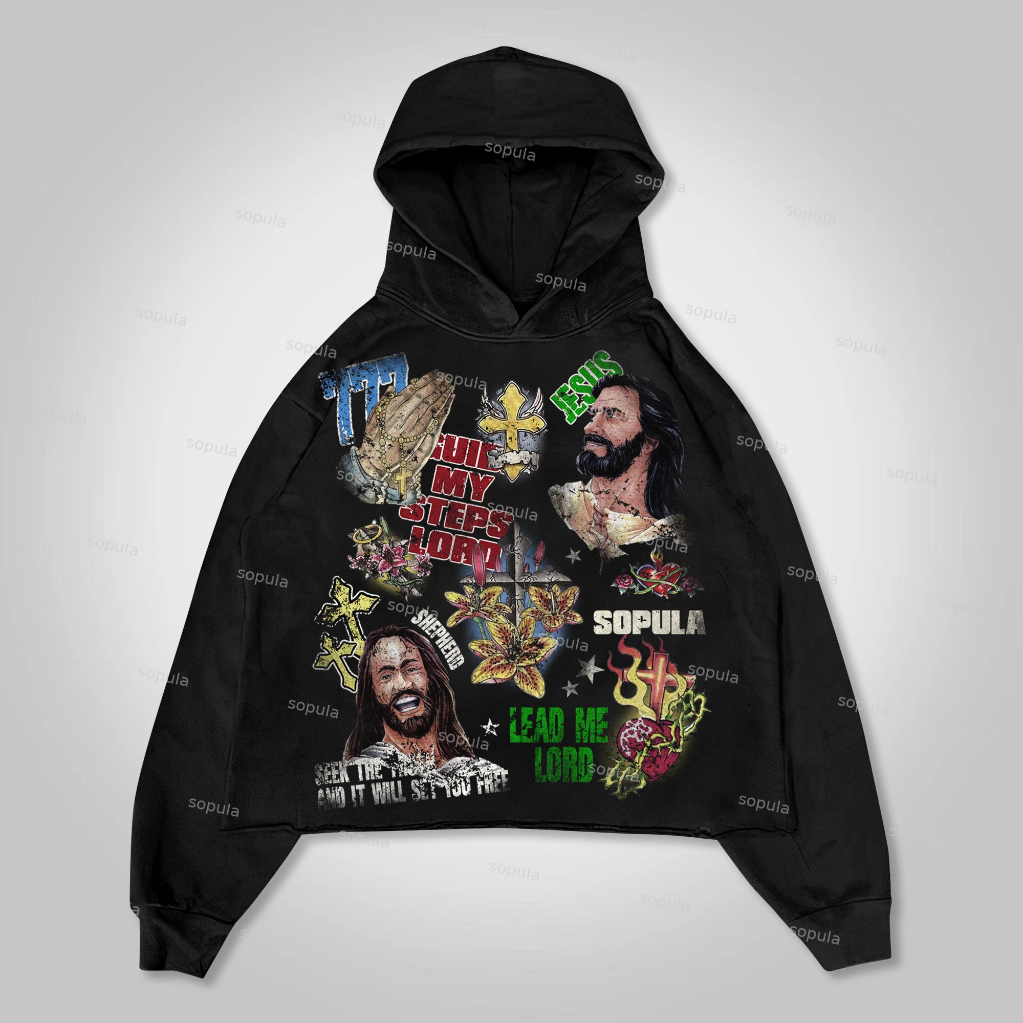 Sopula Jesus Collage Vintage Graphics Pocketless Hoodie - SOPULA