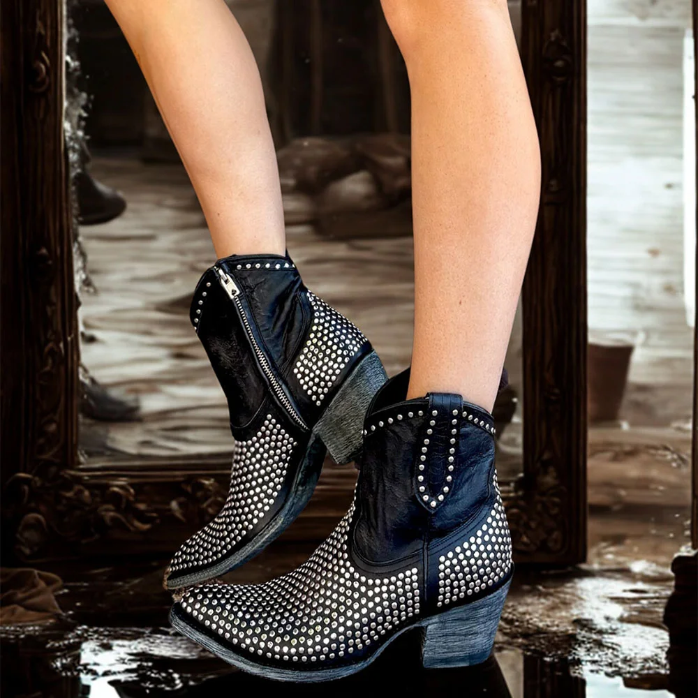 Black Pointed Toe Chunky Heel Side Zipper Studded Cowgirl Boots