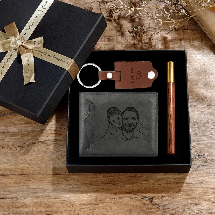 Personalized 2 Texts & 2 Photos & 1 Name & 1 Letter Gift Set Custom Wallet & Keychain & Pen Gift Box Set Father’s Day Gift