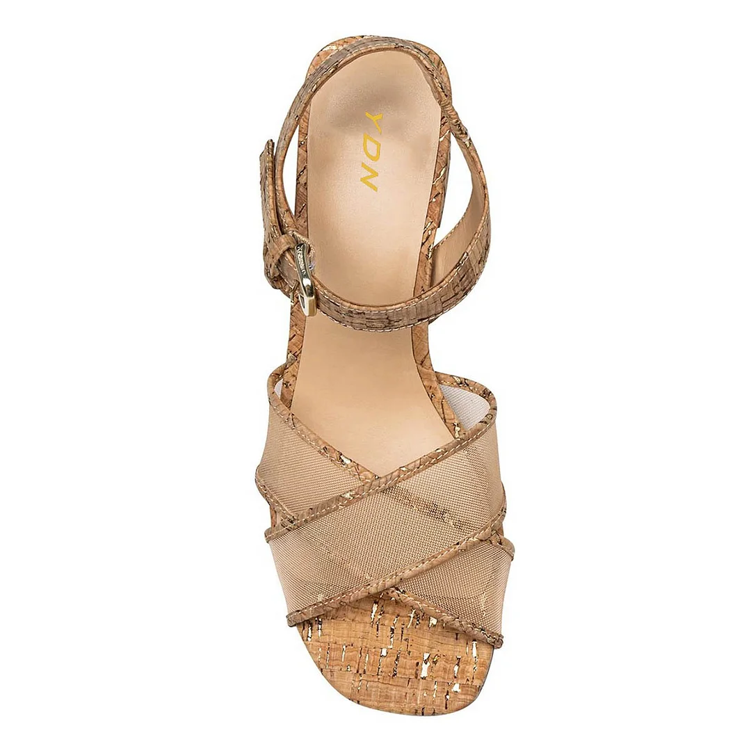 Beige Mesh Wood Print Open Toe Low Heel Sandals with Ankle Strap