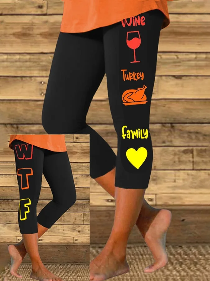 Wine Turkey Family Print Casual Leggings