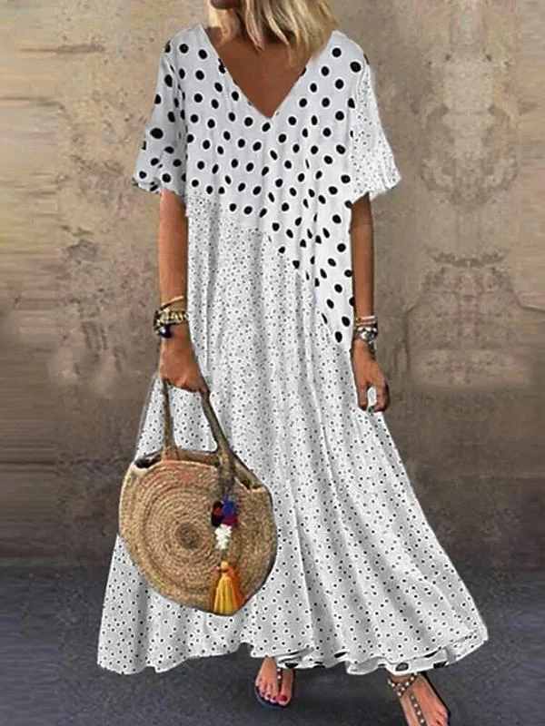 Vintage Polka Dot Paneled V Neck Maxi Dress