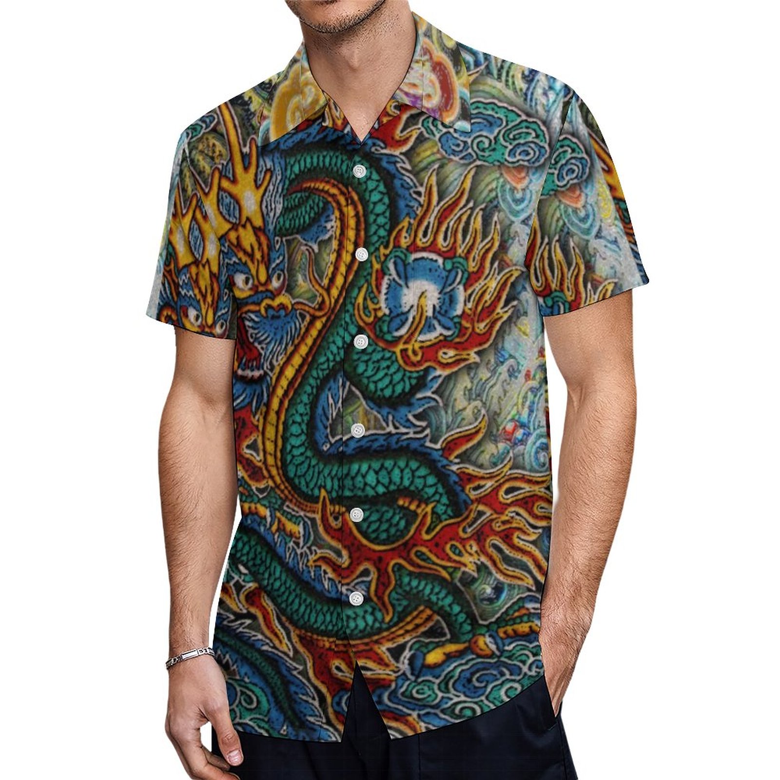 Embroidered Fiery Chinese Dragon Hawaiian Shirt Mens Button Down Plus Size Tropical Hawaii Beach Shirts