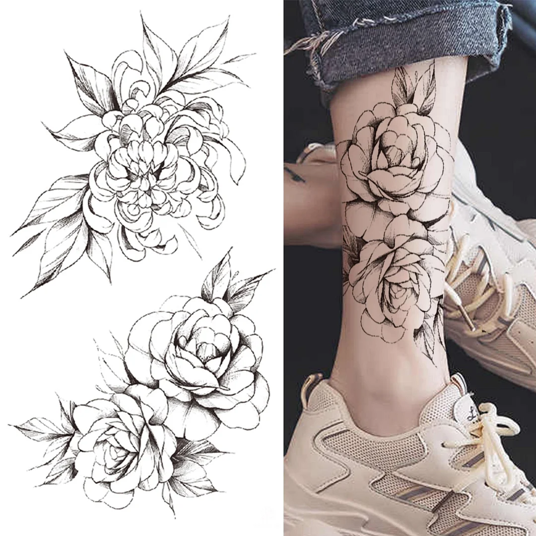 Death Skull Flower Temporary Tattoo For Women Girls Snake Bird Peony Tattoo Sticker Black Fake Blossom Sexy Tatoo Transfer Adult 530