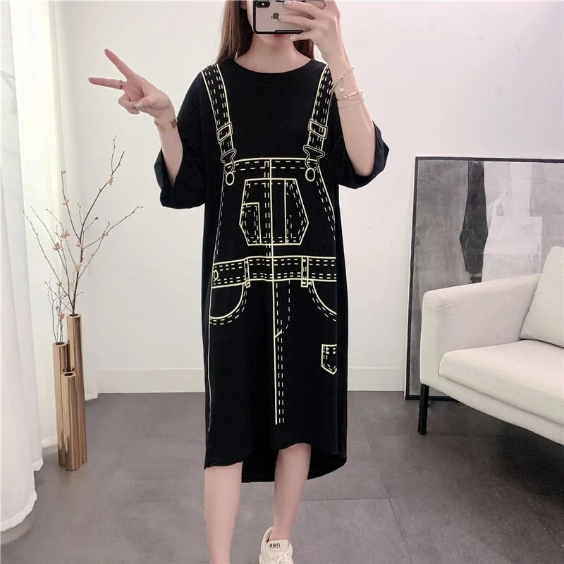 Dress Women Summer Half-sleeve Printed Mid-calf Preppy Style Harajuku Loose H-line Fake-two Pieces Korean-style Simple Casual