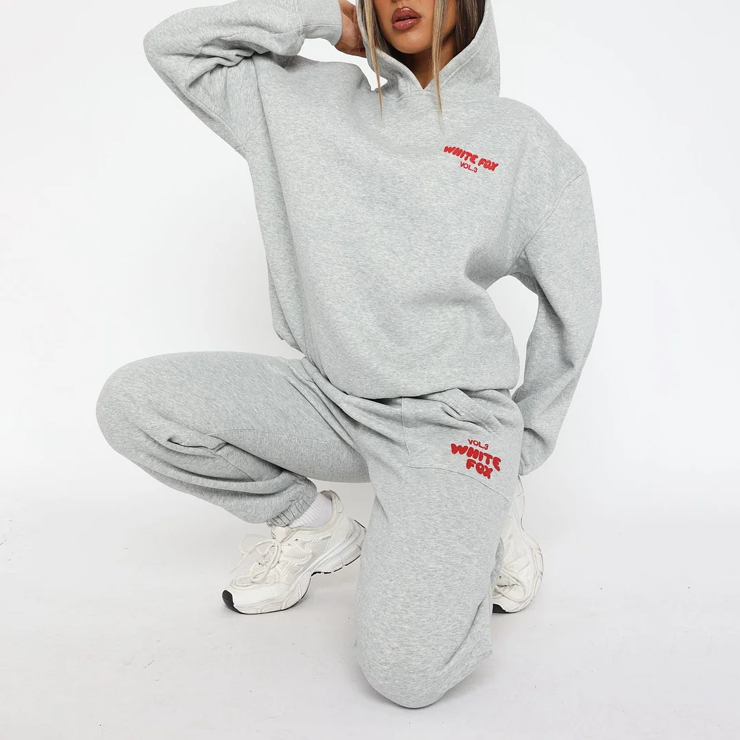 Fashion Sports LOGO Long Sleeve Pullover Hooded Sweatshirt Two Piece Set