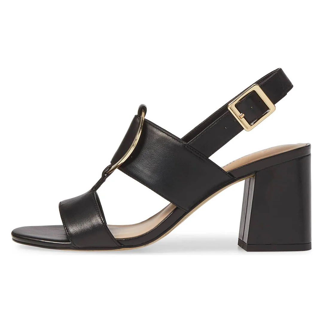 YDN Black Hardware Open Toe Buckle Strap Block Heeled Sandals
