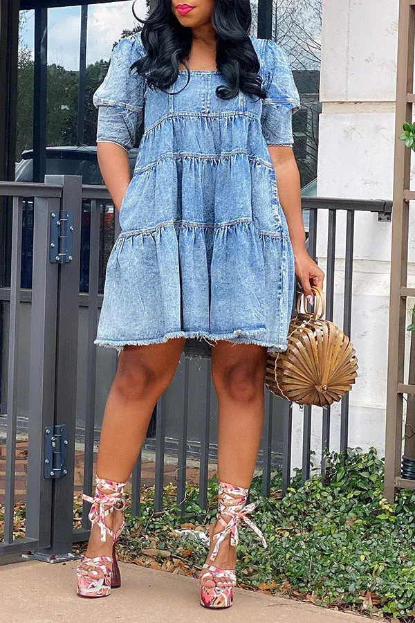 Guchioe Fashion Casual Patchwork A Swing Denim Dress