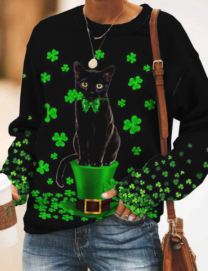St. Patrick's Day Shamrock And Black Cat Sweatshirt