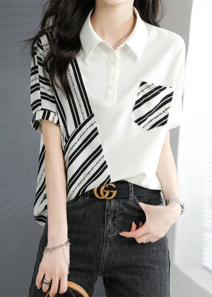 Fashion White Peter Pan Collar Striped Patchwork Top Short Sleeve