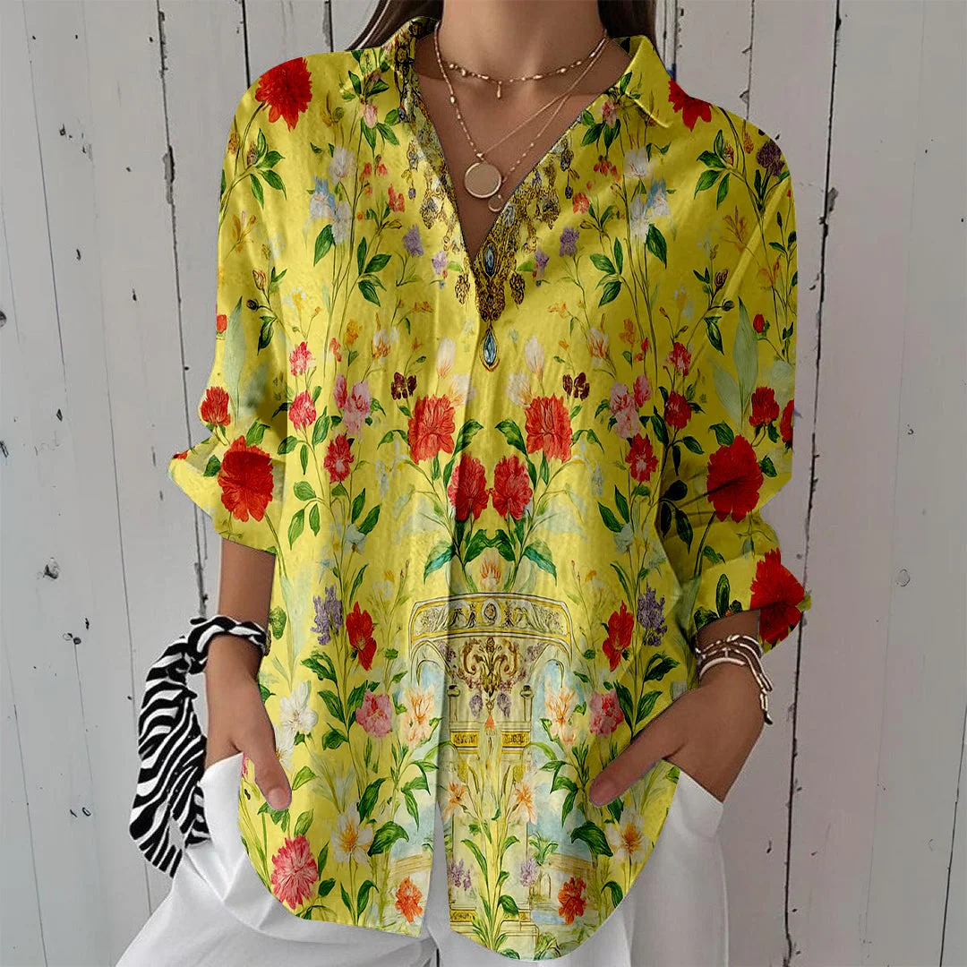 Style & Comfort for Mature Women Women Floral, Yellow, Red DZCL0167 3/4 Sleeve Shirt Collar Printed Button Tops