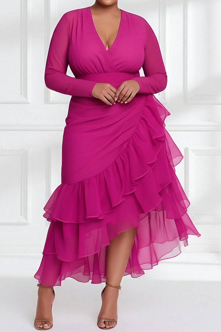 Xpluswear Design Plus Size Wedding Guest Hot Pink V Neck Long Sleeve Ruffle Asymmetric Hem Irregular Hem Midi Dresses Hot Pink-2XL/18-20