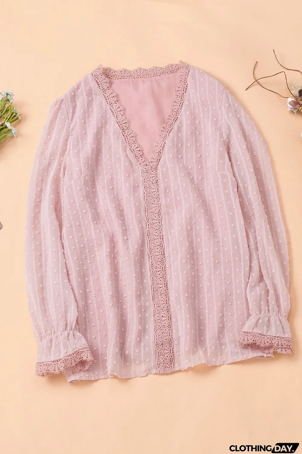 Elegant V-Neck Swiss Dot Lace Blouse