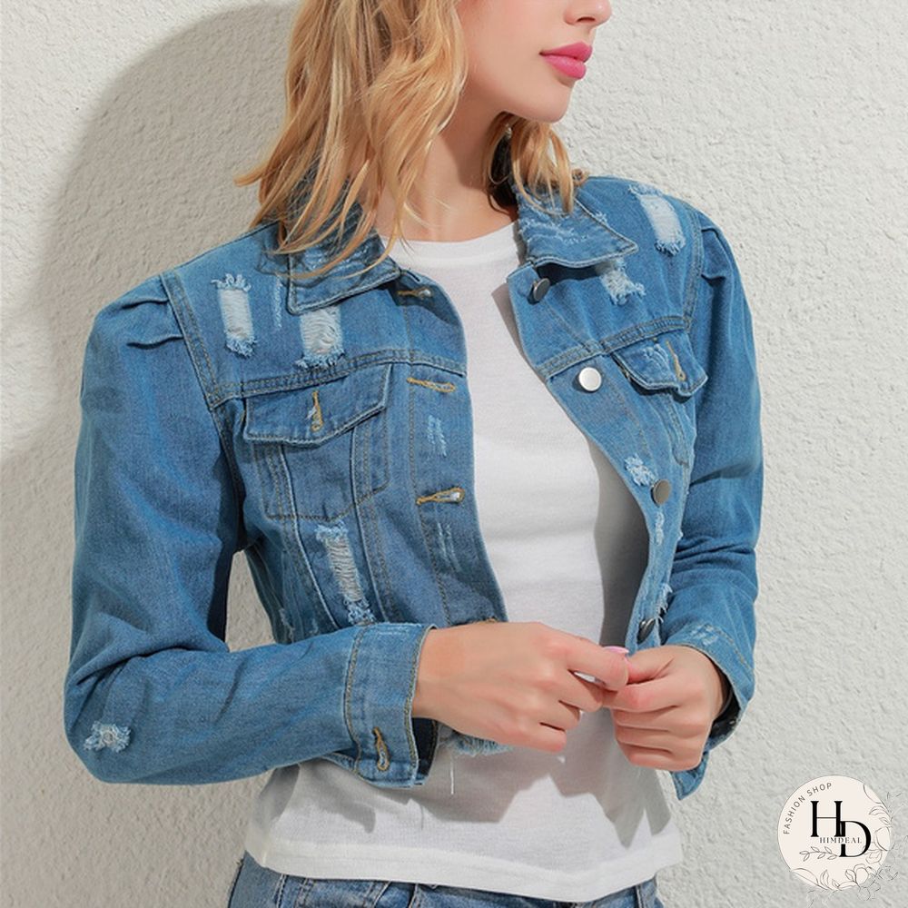 Women's Fashion Short Denim Jacket Puff Sleeve Denim Jacket