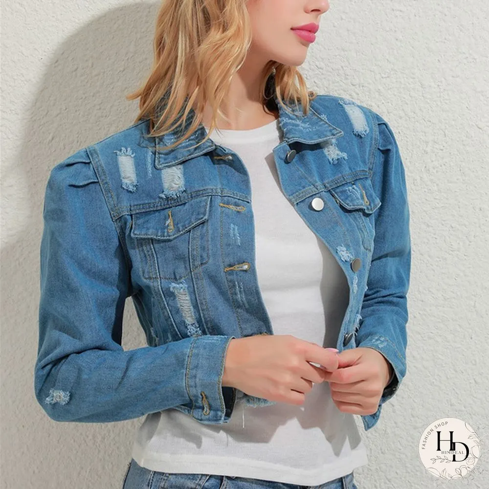Women's Fashion Short Denim Jacket Puff Sleeve Denim Jacket