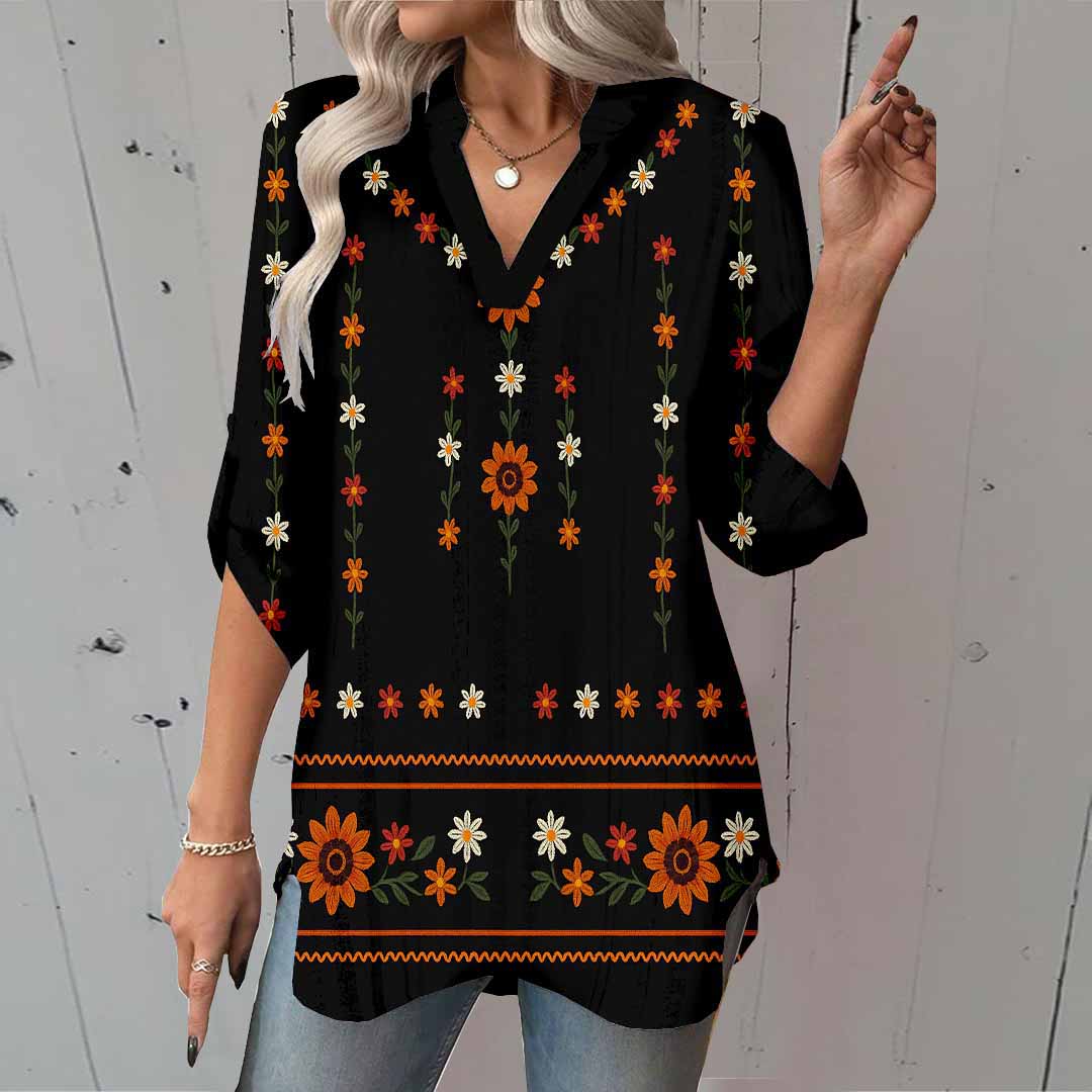 Women Floral,Black,Orange DZGA0306 3/4 Sleeve V-neck Printed Graphic Button Tops