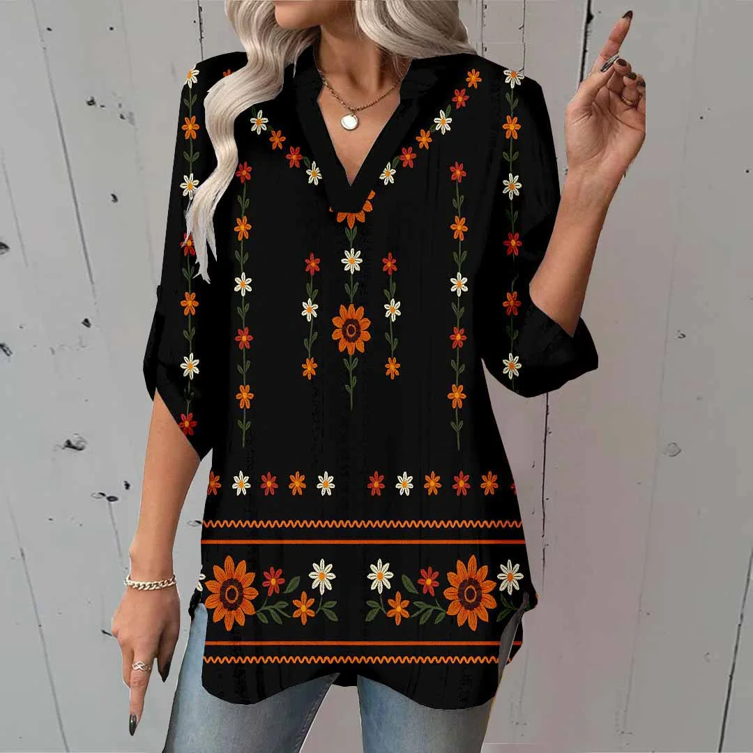 Women Floral,Black,Orange DZGA0306 3/4 Sleeve V-neck Printed Graphic Button Tops