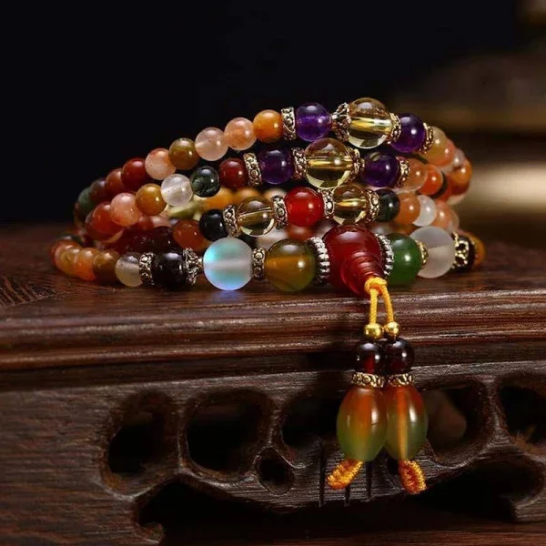 108 Agate Fu Lu Shou Colorful Healing Mala Bracelet