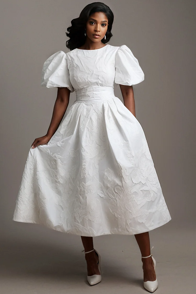 Xpluswear Design Plus Size Wedding Guest White Round Neck Puff Sleeve Short Sleeve Pocket Jacquard Midi Dresses [Pre-Order] 2024 - Xpluswear