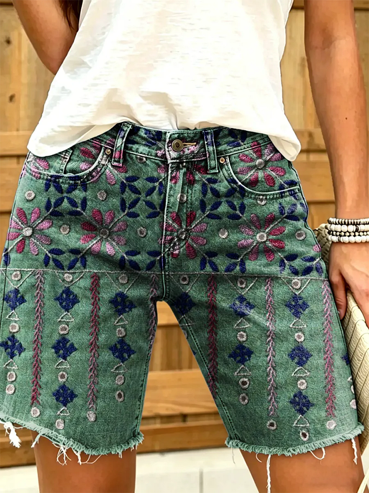 Women's Vintage Floral Print Denim Shorts