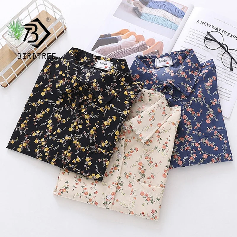 Spring New Women Vintage Loose Letter Floral Shirt Long Sleeve Button Up Chiffon Blouse Turn-Down Collar Autumn Casual Tops T094