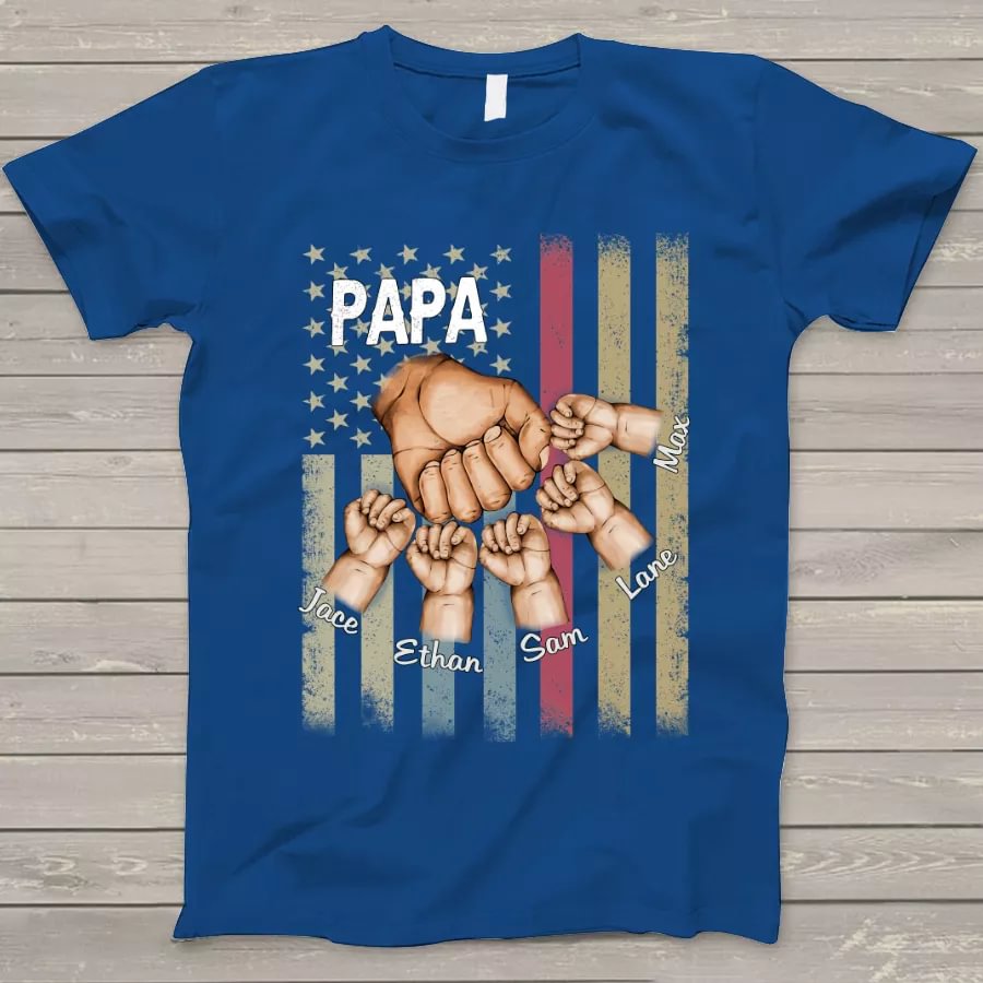 Personalized 'PAPA' 'GRANDKIDS' Hands Flag Blue T-SHIRT 