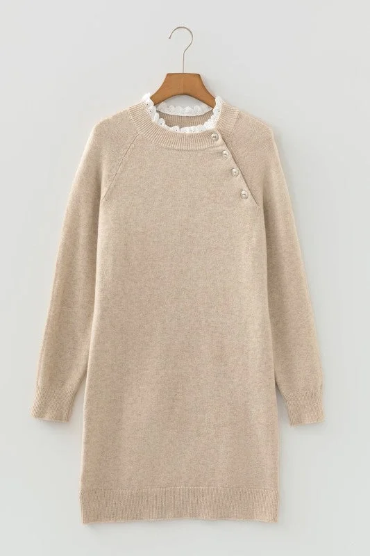 Lace Trim Buttoned Raglan Sleeve Sweater Dress