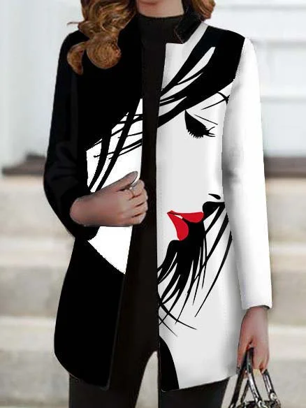 Fashion Abstract Printed Loosen Stand Collar Outerwear