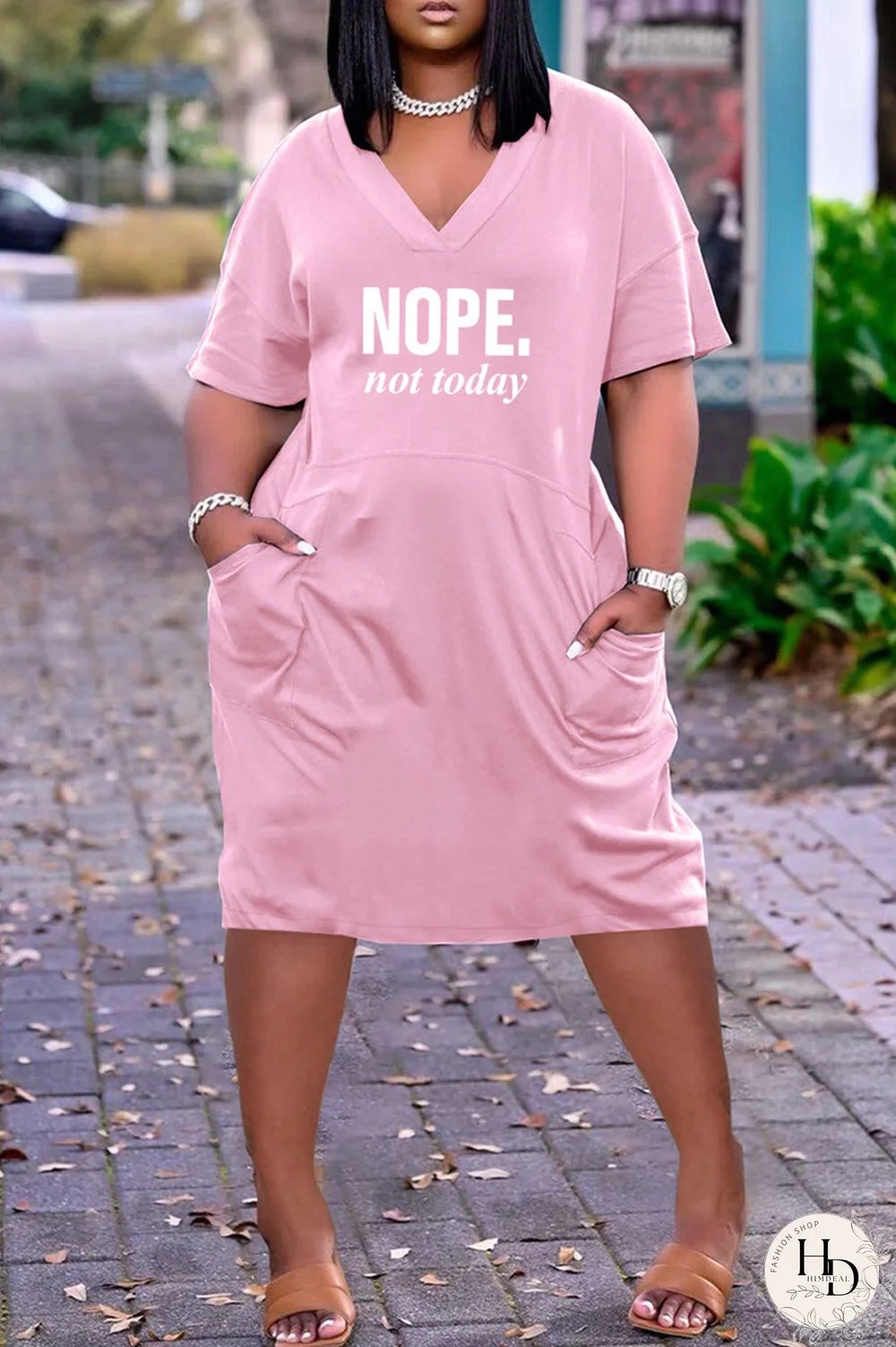 Pink Fashion Casual Letter Print Basic V Neck Short Sleeve Dress