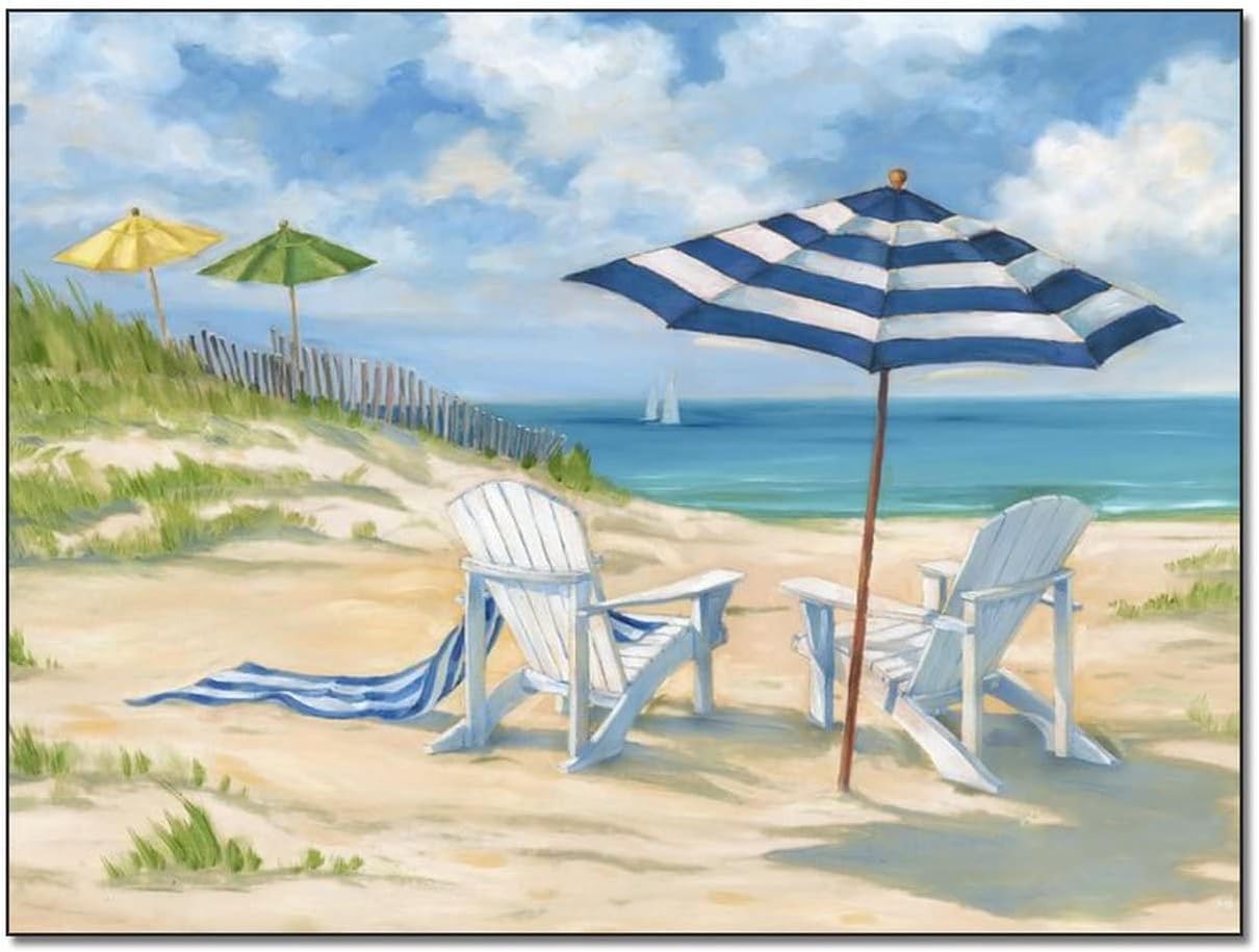 Posters Oil Painting Art Poster Vacation Umbrella Beach Seat Fence Poster Beach Poster Canvas Wall Art for Living Room Bedroom Office Kitchen Decor 24x32inch(60x80cm) Frame-Style 24x32inch(60x80cm)