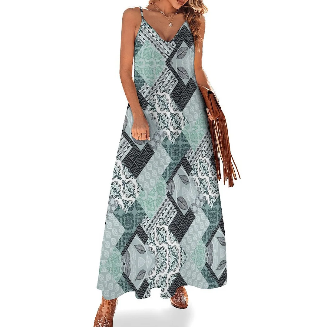 Style & Comfort for Mature Women Plus Size Printed Sling Casual Women Maxi Dress in Pattern Green, Black, Vintage, Patchwork