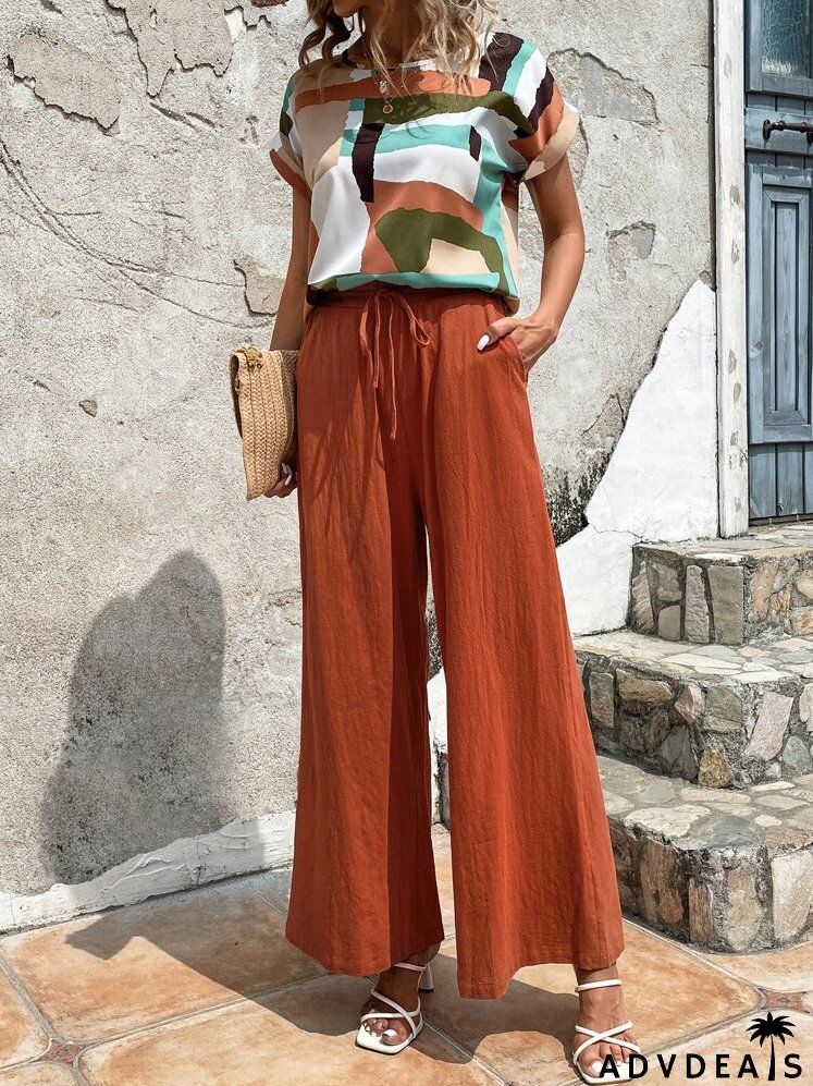 Geo Print Batwing Sleeve Top & Wide Leg Pants