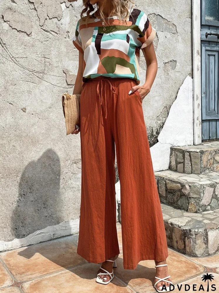 Geo Print Batwing Sleeve Top & Wide Leg Pants