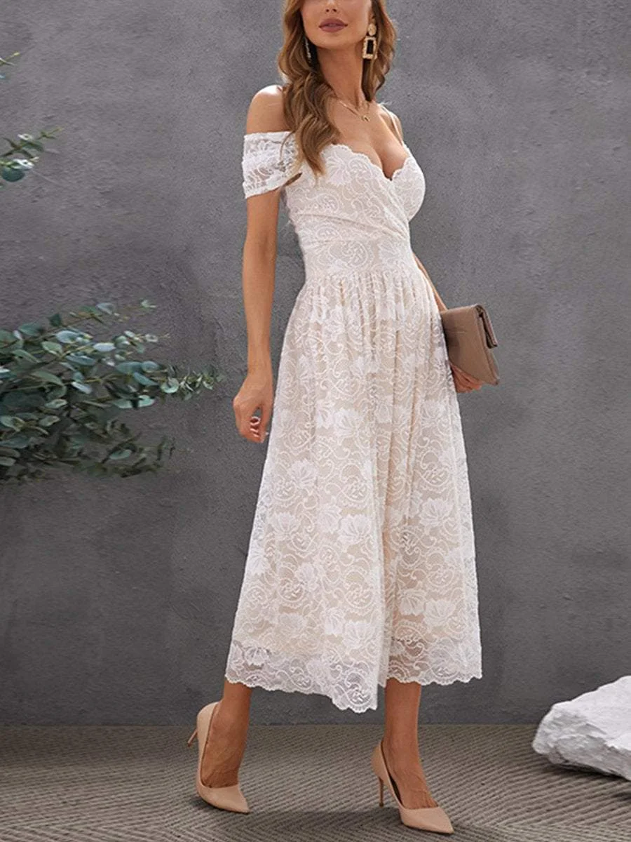 Lace Off Shoulder Short Sleeve Sexy V-Neck Dress