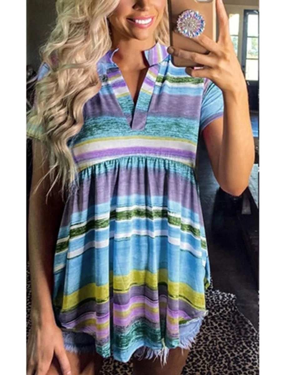 Rainbow Stripes V-Neck Tunic Tops