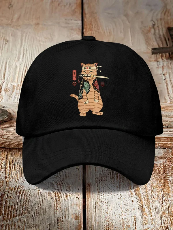 Men's Japanese Sushi Samurai Cat Print Hats
