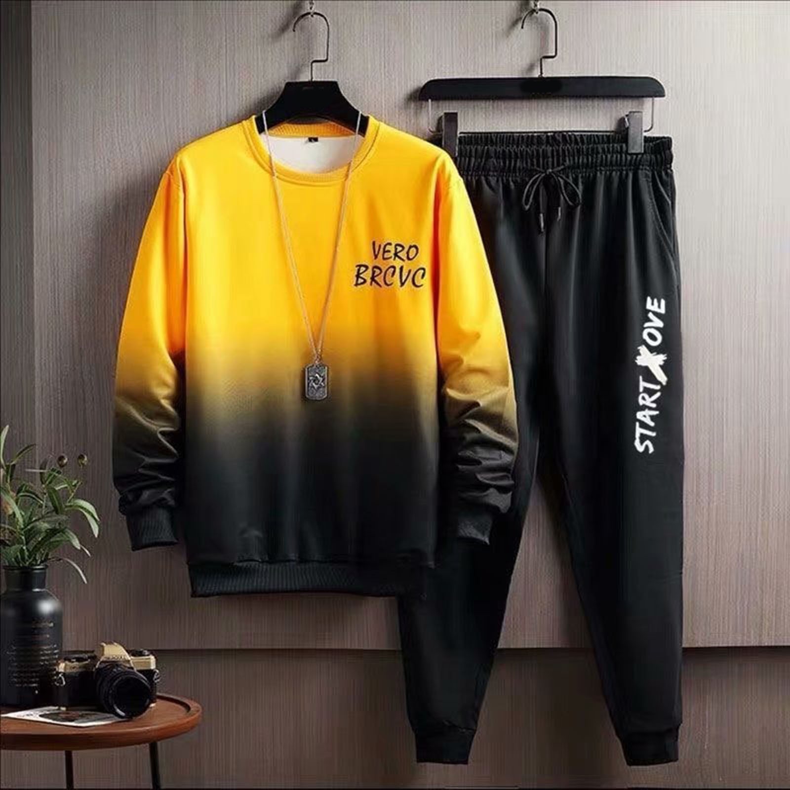 Thoval Men'S Sets 2 Piece Sweatpants Winter Sports Plus Fleece Gradient Print Hoodie Pant Suit Men Casual Suits Slim Fit Outfits