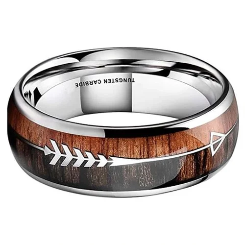 6MM 8MM Women's Or Men's Tungsten Carbide Wedding Matching Rings Silver Cupid's Arrow over Wood Inlay with High Polish Dark Wood Inlay Domed Top