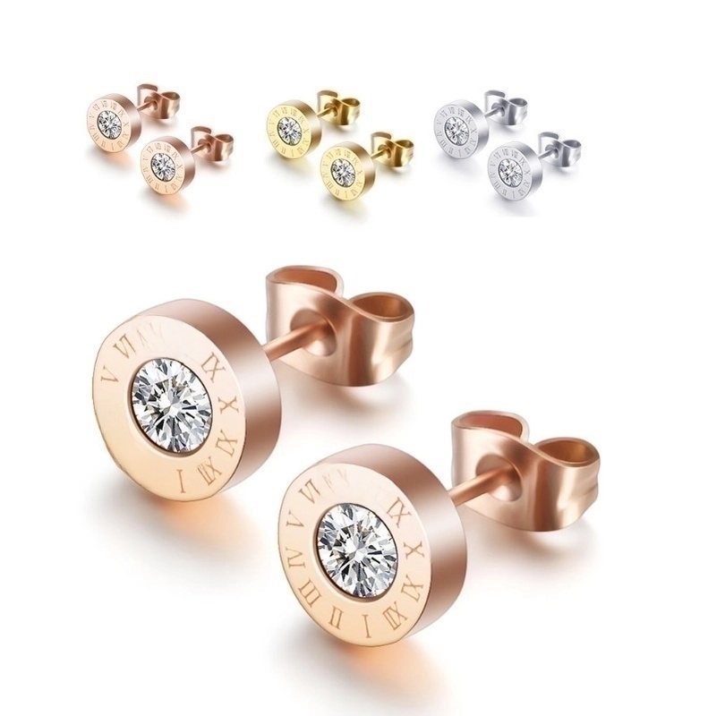 Ig Style Round Roman Numerals Stainless Steel Artificial Rhinestones Ear Studs