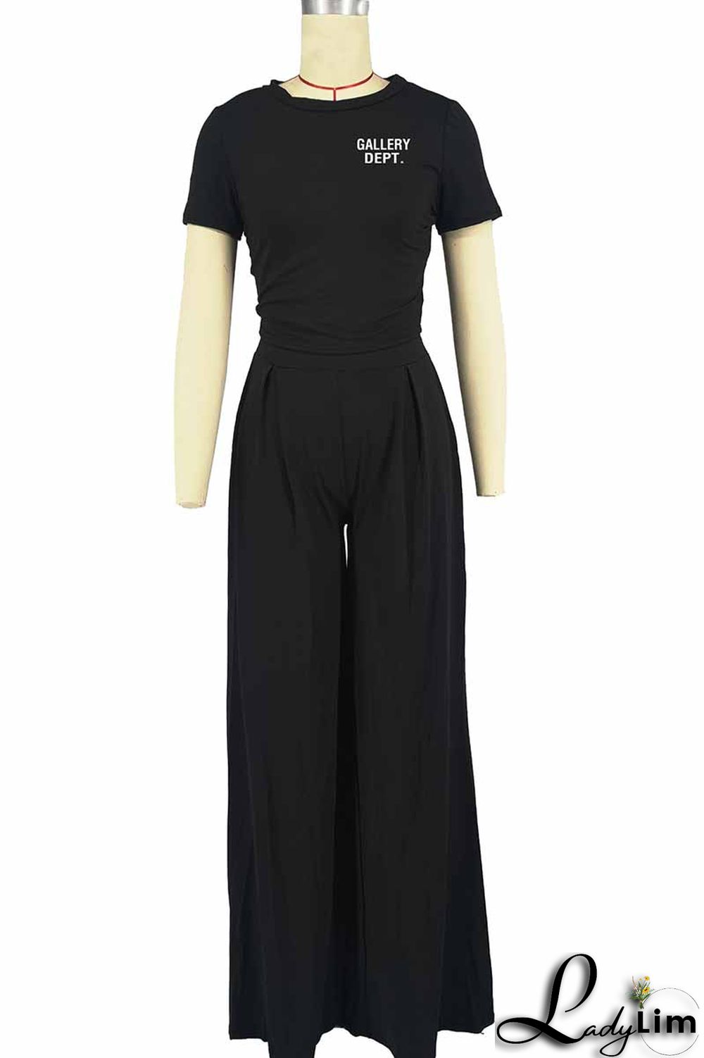 Black Casual Print Letter O Neck Short Sleeve Two Pieces